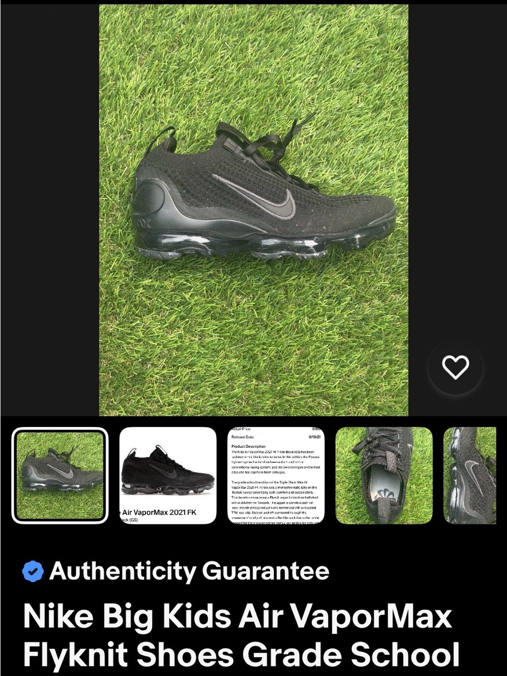 Nike Big Kids Air VaporMax Flyknit Shoes Grade School DB1550-001 Size 4-5 Youth